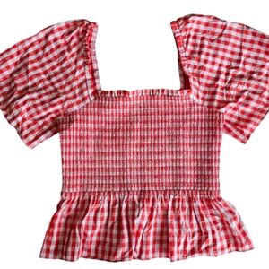 Draper James Gingham Smocked Peplum Top Red White Check Sz M Cottagecore Picnic